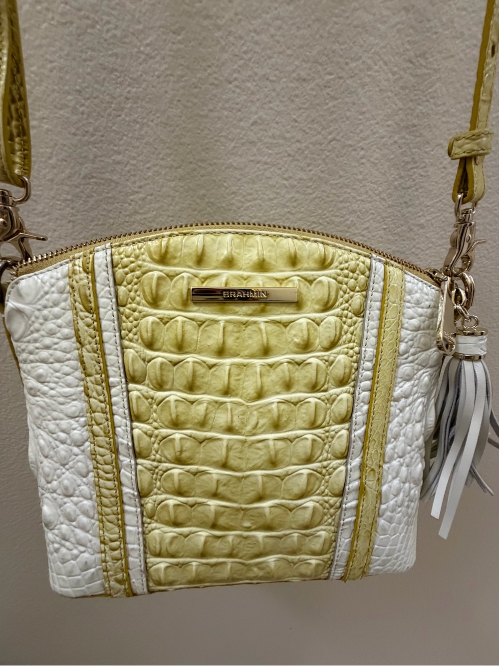 Brahmin Yellow and White Croc-Embossed Crossbody with Tassel - Picture 2 of 10